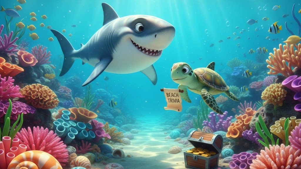 Smiling shark and sea turtle with beach trivia sign in a colorful coral reef.