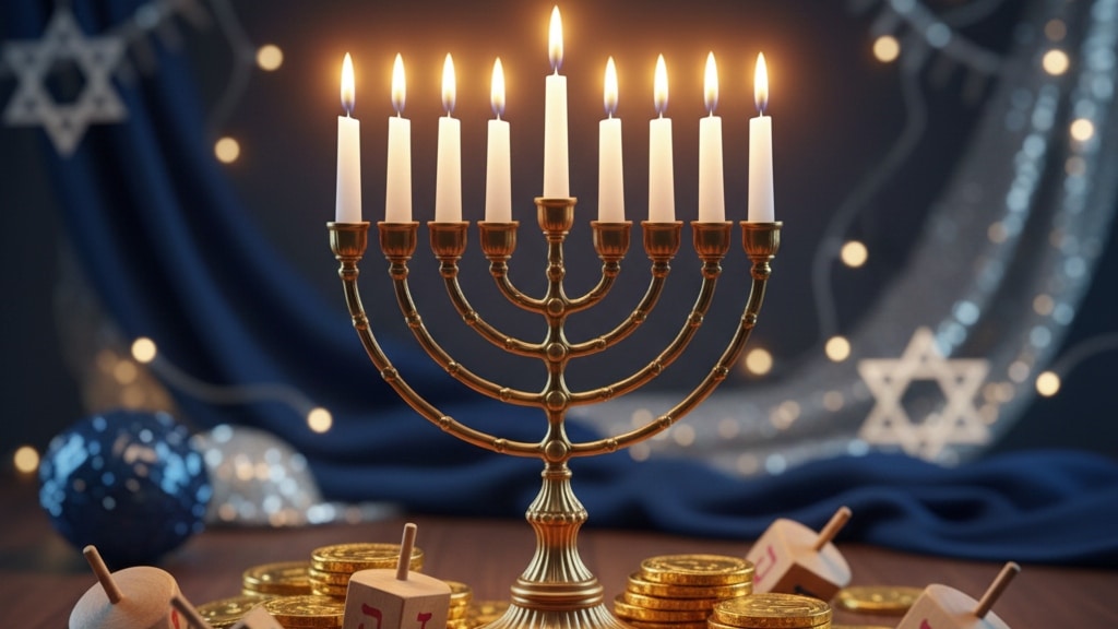 Lit Hanukkah menorah with gold coins and dreidels for kids' Hanukkah trivia.