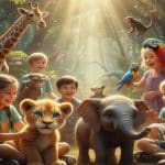 180 Animals Trivia Questions for Kids: Fun Quiz About the Animal Kingdom Happy children in a sunny jungle surrounded by friendly cartoon wild animals.