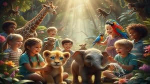 Happy children in a sunny jungle surrounded by friendly cartoon wild animals.