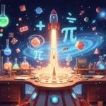 Educational Kids Trivia: Magical laboratory featuring a rocket launch, DNA models, and math symbols in a starry room.