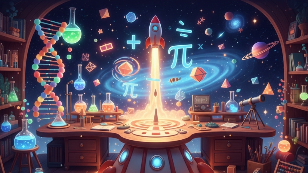 Educational Kids Trivia: Magical laboratory featuring a rocket launch, DNA models, and math symbols in a starry room.