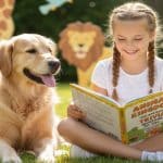 175+ Animals Trivia Questions for Kids: Fun Quiz About the Animal Kingdom A young girl sitting on the grass reading an animal trivia book to her golden retriever.