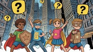 Four diverse children in superhero costumes posing in a city with yellow question mark speech bubbles.