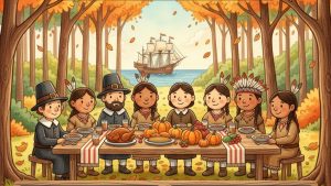 Cartoon illustration of Pilgrims and Native Americans sharing a Thanksgiving meal by the sea.