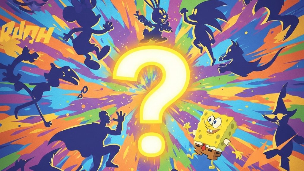 Silhouette of cartoon characters like Mickey Mouse and SpongeBob surrounding a glowing yellow question mark.
