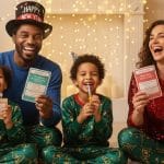 Family Resolutions: Happy family in festive green pajamas holding New Year's resolution cards.