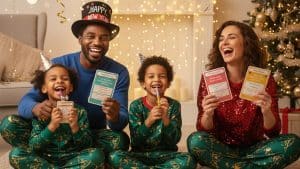 New year trivia: Happy family in festive green pajamas holding New Year's resolution cards.