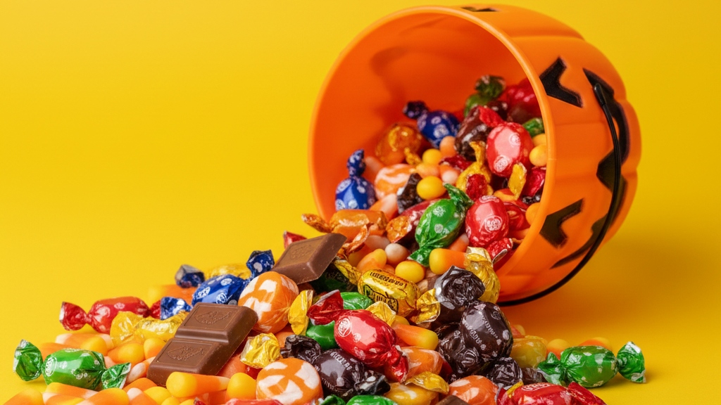 An orange plastic jack-o-lantern bucket spilling colorful Halloween candy on a yellow background.