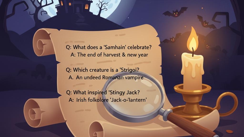 A spooky scroll with trivia about Samhain and Irish folklore lit by a single candle.