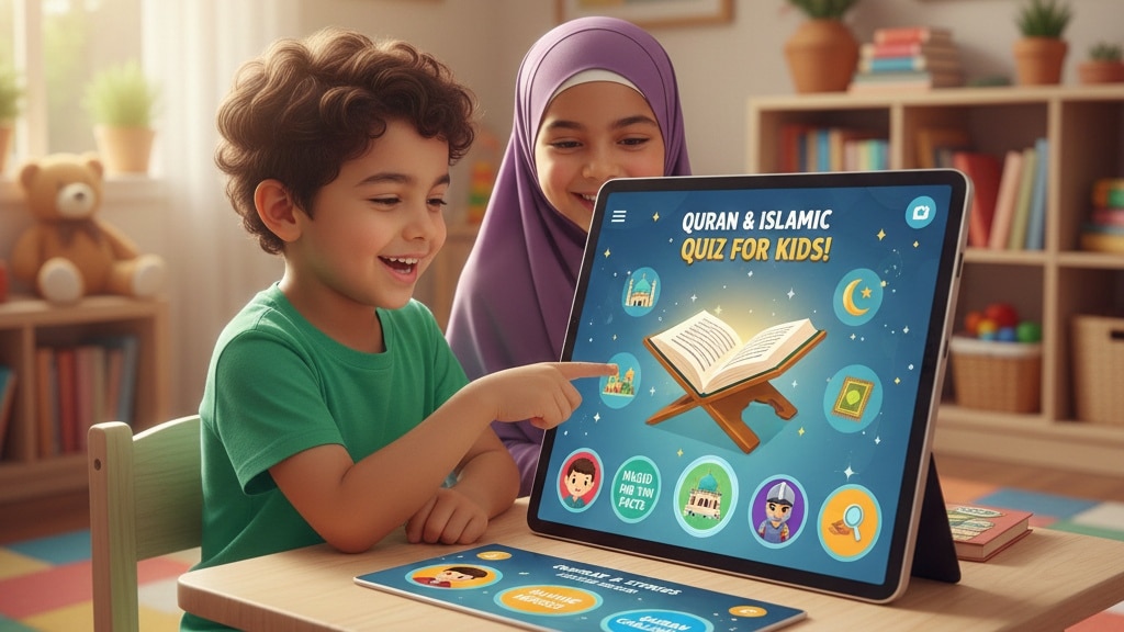 Children using a tablet for a Quran and Islamic quiz for kids with various religious icons.