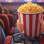 Person holding a large bucket of popcorn in a movie theater with 3D glasses in the foreground.