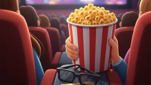 Person holding a large bucket of popcorn in a movie theater with 3D glasses in the foreground.