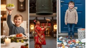Global Traditions: College of New Year's traditions: eating grapes, ringing a temple bell, and breaking plates.