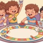 Diverse children playing a "Pop Culture Trivia questions for kids" trivia board game with a red buzzer and colorful game board.