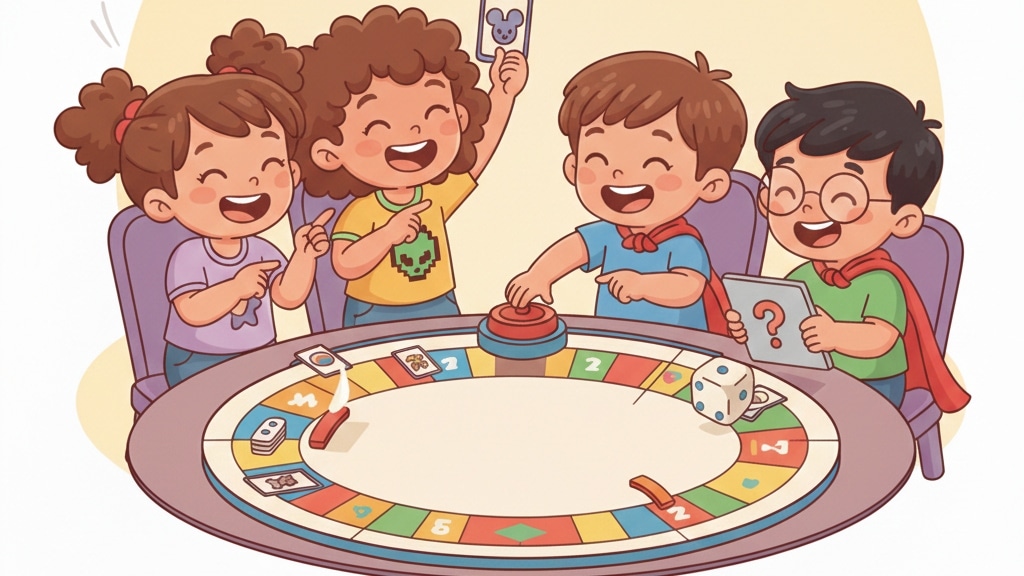 Diverse children playing a "Pop Culture Trivia questions for kids" trivia board game with a red buzzer and colorful game board.