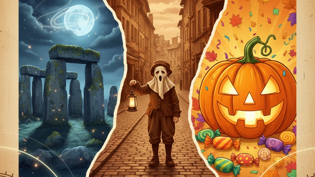 History Collage of Stonehenge, a vintage ghost, and a carved pumpkin for spooky history trivia.
