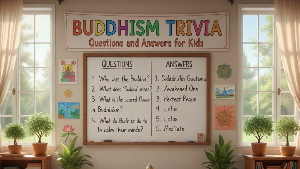 Classroom whiteboard showing Buddhism trivia questions and answers for kids with lotus illustrations.