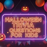 90+ Halloween Trivia Questions for Kids to Light Up Your Party Neon Halloween Trivia Questions for Kids sign with glowing ghosts and jack-o-lanterns.