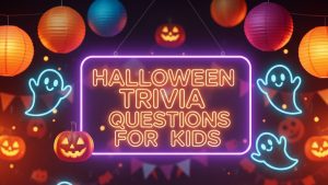 Neon Halloween Trivia Questions for Kids sign with glowing ghosts and jack-o-lanterns.