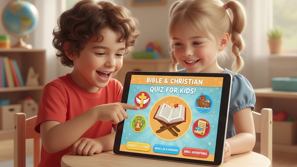 Smiling kids playing a Bible and Christian quiz for kids on a digital tablet.