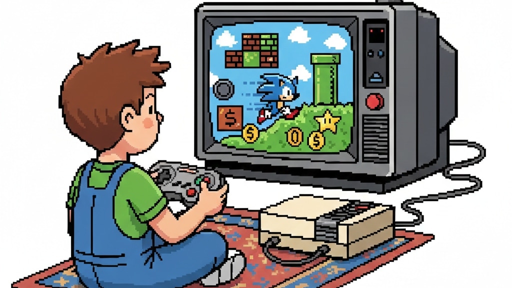 Pixel art illustration of a boy playing a retro 8-bit video game on a classic CRT television.