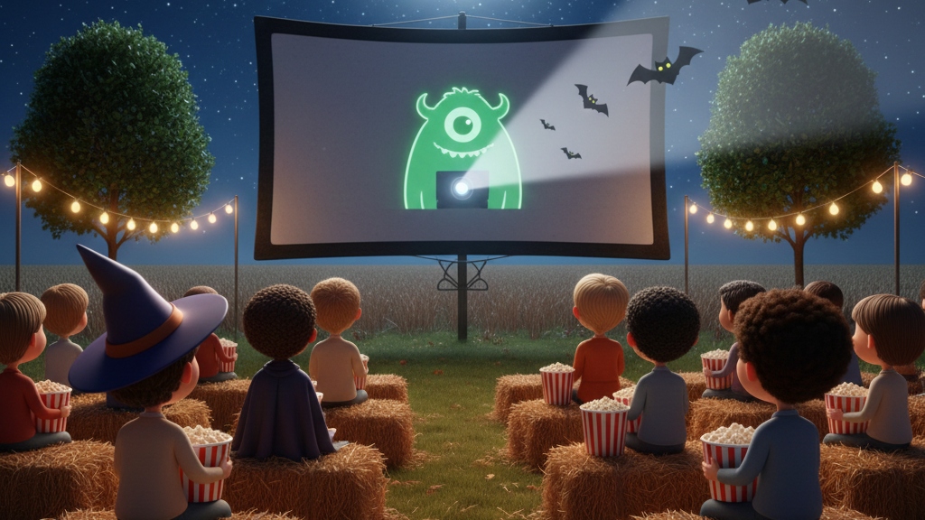 Children sitting on hay bales watching a monster movie at an outdoor Halloween cinema.