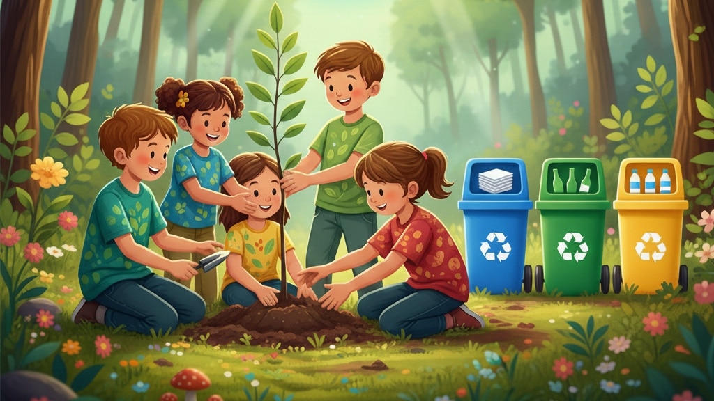 Children planting a tree near recycling bins for Earth Day trivia questions and answers.