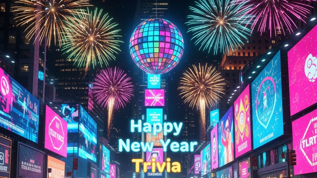 Times Square neon signs and fireworks with Happy New Year trivia for kids text.