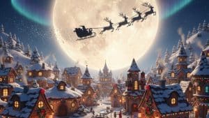 Santa's sleigh flying over a snowy Christmas village for a holiday trivia questions for kids gide.