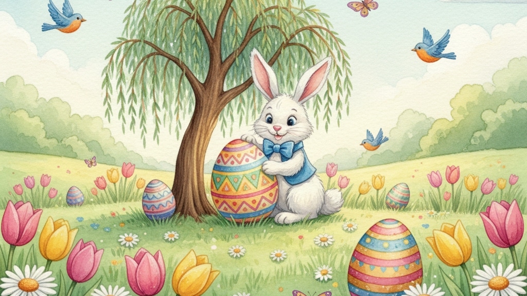Cartoon Easter bunny with colorful eggs and spring flowers for kids' Easter trivia.