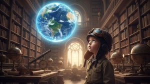 A child in a flight suit gazing at a glowing hologram of Earth, setting the scene for an exciting Geography Trivia adventure for curious young minds.