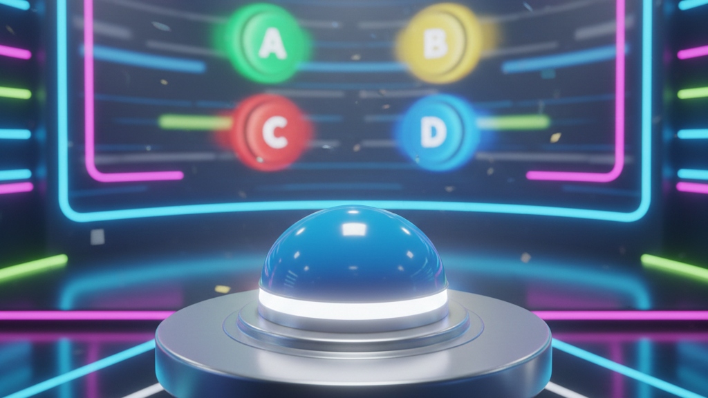 Blue quiz buzzer on a podium in a neon-lit game show studio with A B C D buttons on screen.