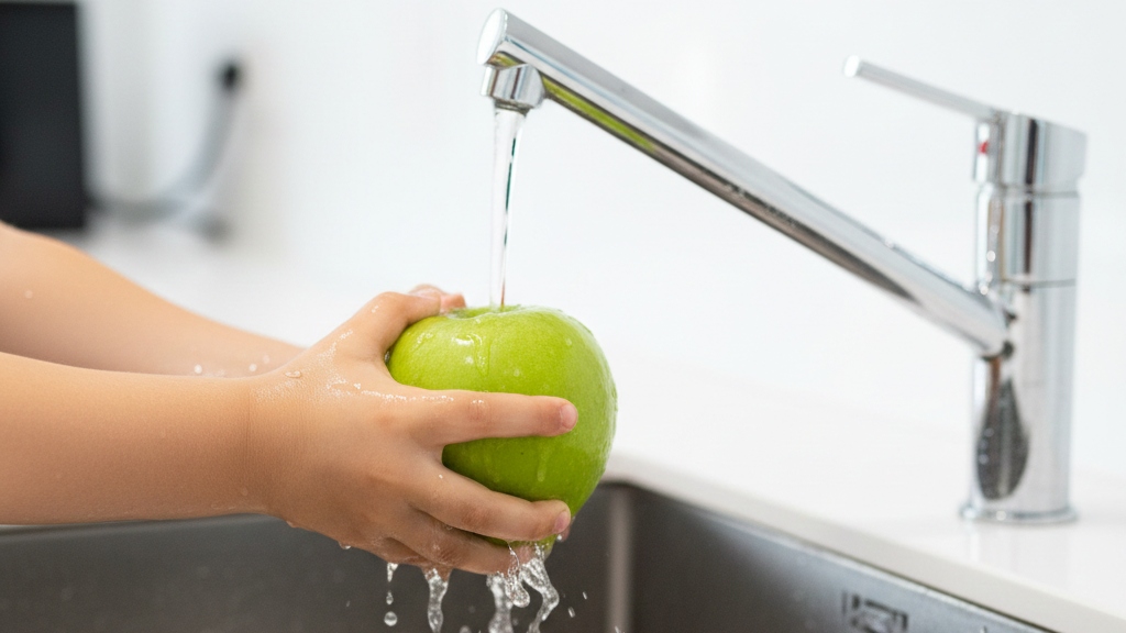 A child's hands washing a bright green apple under a running kitchen faucet for food safety trivia.