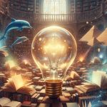 100+ Other & Miscellaneous Trivia Questions for Kids Adventure Magical library with a glowing lightbulb, floating dolphins, and pyramids, an imaginative miscellaneous trivia adventure that sparks curiosity and fun for kids.