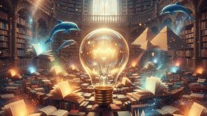 Magical library with a glowing lightbulb, floating dolphins, and pyramids, an imaginative miscellaneous trivia adventure that sparks curiosity and fun for kids.