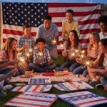 Group of children and teens playing a patriotic board game with sparklers at night.