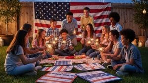 Group of children and teens playing a patriotic board game with sparklers at night.