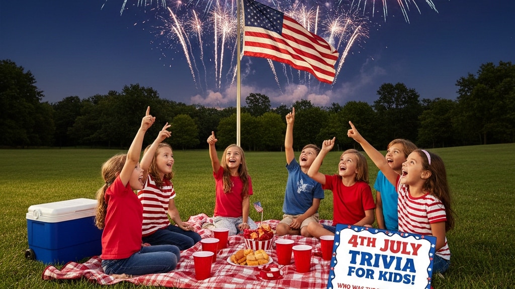 Kids at a 4th of July picnic with an American flag and fireworks for patriotic trivia.