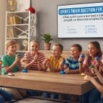 Diverse group of children playing a sports trivia game with buzzers and a TV screen.