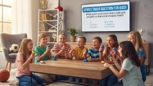 Diverse group of children playing a sports trivia game with buzzers and a TV screen.