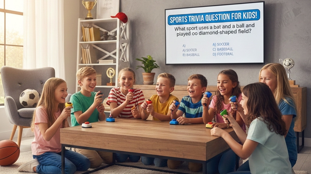 Diverse group of children playing a sports trivia game with buzzers and a TV screen.
