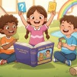 Three children playing a Bible trivia questions game with colorful cards and a storybook outdoors.