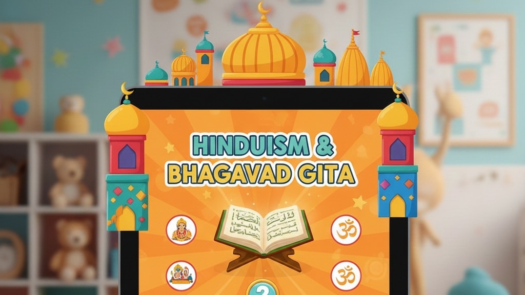 Tablet screen featuring Hinduism and Bhagavad Gita trivia with temple illustrations and Om symbols.