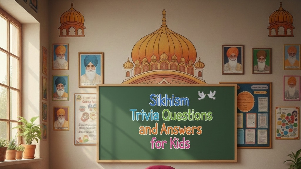 Wall display featuring portraits of Sikh Gurus and a golden temple mural for Sikhism religious trivia.