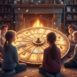 Children gathered around a glowing section wooden month wheel with miniature seasonal trivia icons.