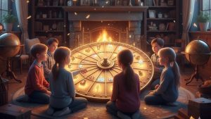 Children gathered around a glowing section wooden month wheel with miniature seasonal trivia icons.