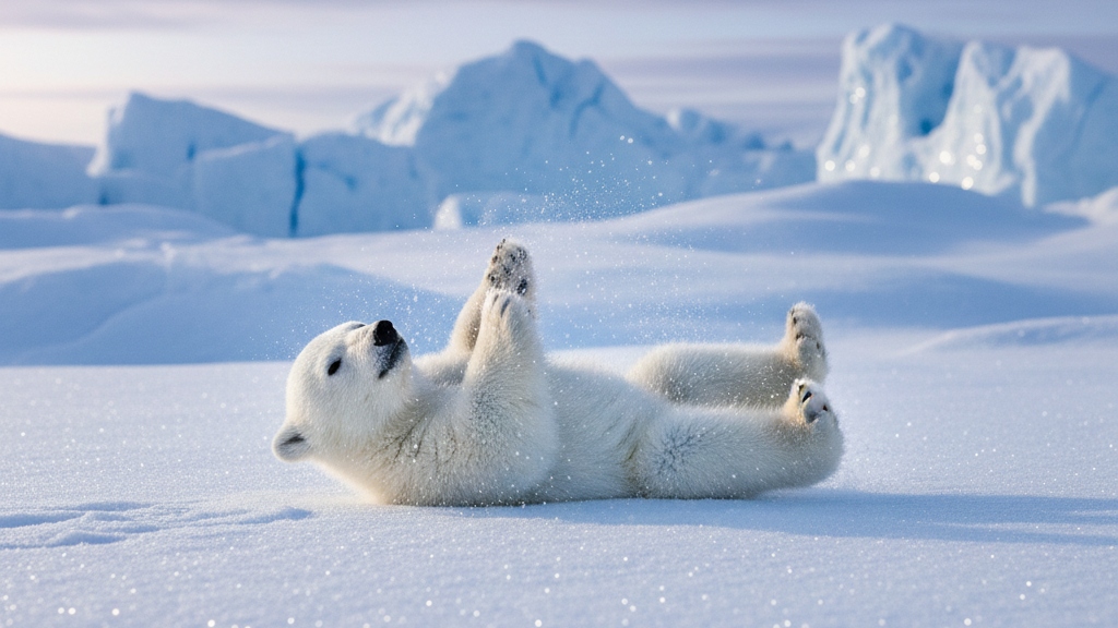 Fluffy polar bear cub playing in sparkling white snow with crystal-clear ice formations and blue sky.
